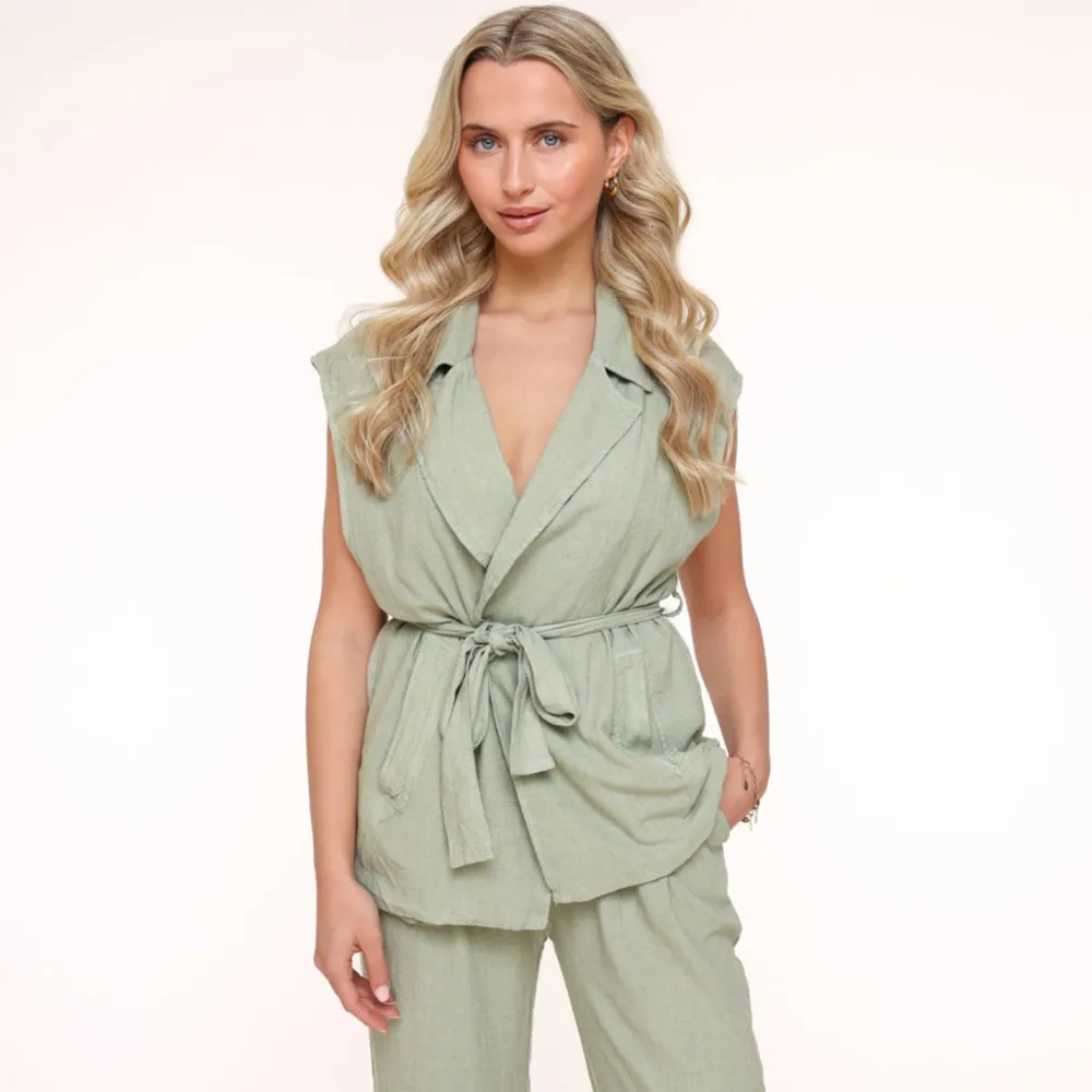 Olivia & Kate Gilets-Army Groene Oversized Linnen-Gilet