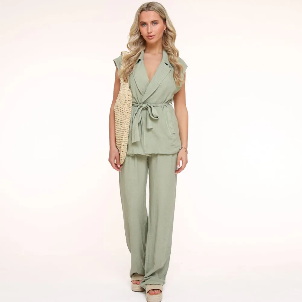 Olivia & Kate Gilets-Army Groene Oversized Linnen-Gilet