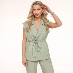 Olivia & Kate Gilets-Army Groene Oversized Linnen-Gilet