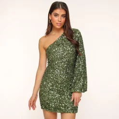 Olivia & Kate Jurken-Army Groene Pailletten Ballonmouw-Jurk