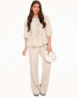 Olivia & Kate Sets-Beige Korte Strikjes Pofmouwen Plisse-Set