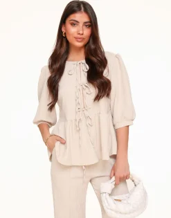 Olivia & Kate Sets-Beige Korte Strikjes Pofmouwen Plisse-Set