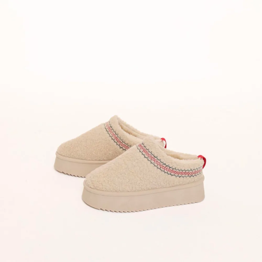 Olivia & Kate Pantoffels-Beige Teddy Platform-Schoenen