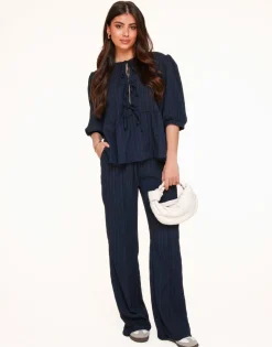 Olivia & Kate Sets-Donkerblauwe Korte Strikjes Pofmouwen Plisse-Set