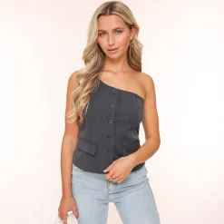 Olivia & Kate Tops-Donkergrijze Knopen Details One Shoulder-Top