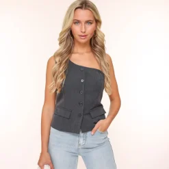 Olivia & Kate Tops-Donkergrijze Knopen Details One Shoulder-Top