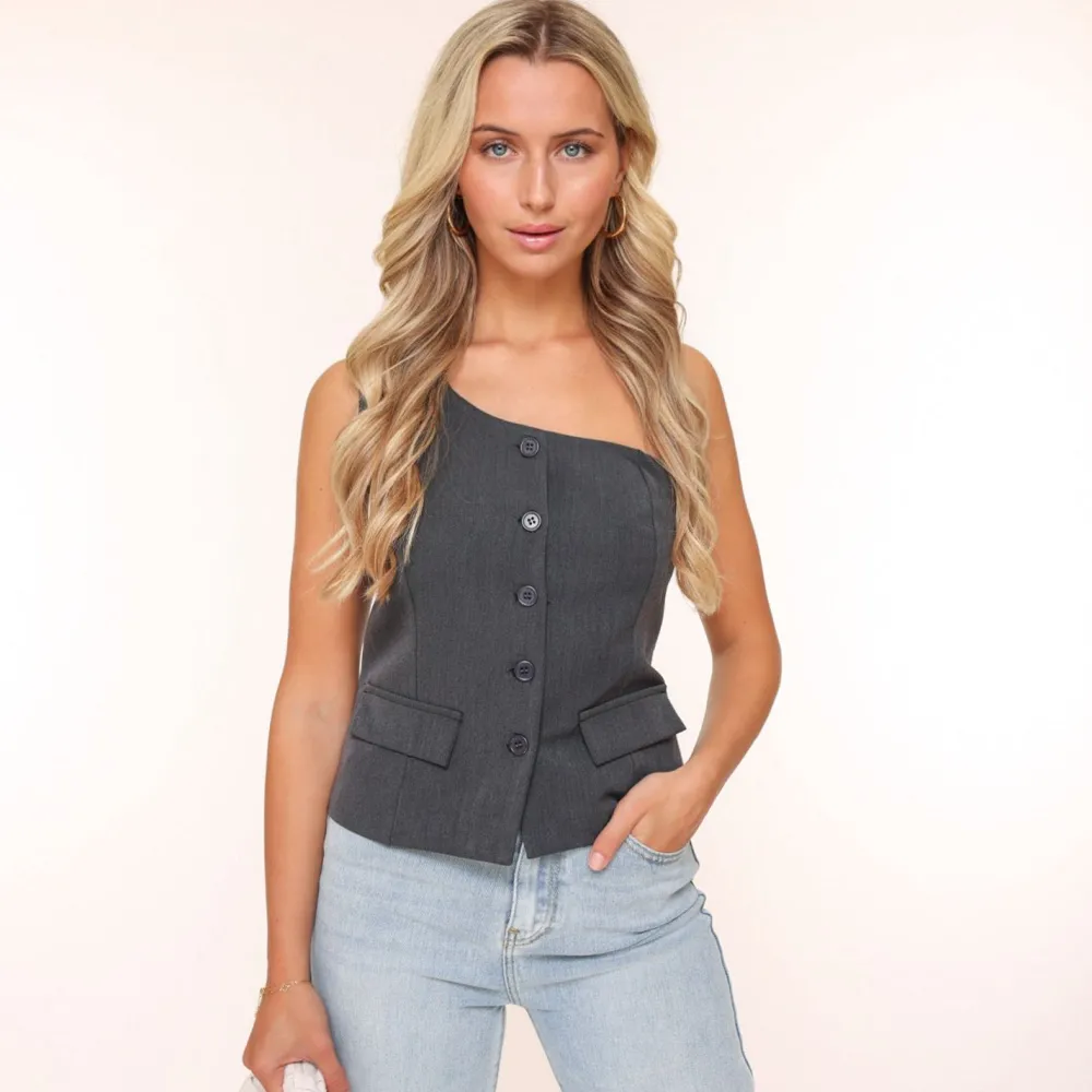 Olivia & Kate Tops-Donkergrijze Knopen Details One Shoulder-Top