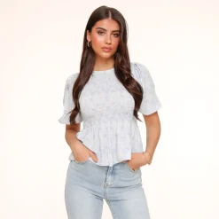 Olivia & Kate Tops-Lichtblauwe Bloemen Stretchy Ss-Top