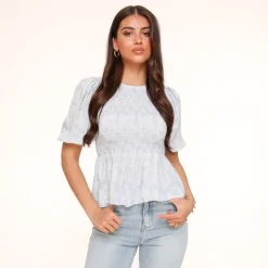 Olivia & Kate Tops-Lichtblauwe Bloemen Stretchy Ss-Top