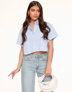 Olivia & Kate Tops-Lichtblauwe Gestreepte Cropped Ss-Blouse