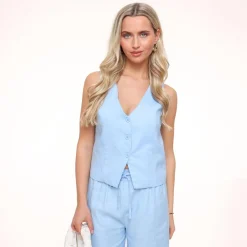 Olivia & Kate Gilets-Lichtblauwe Lage V-Hals Linnen-Gilet
