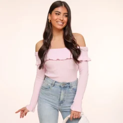 Olivia & Kate Tops-Lichtroze Elastische Ruffel Off Shoulder-Top