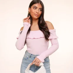 Olivia & Kate Tops-Lichtroze Elastische Ruffel Off Shoulder-Top
