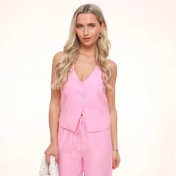 Olivia & Kate Gilets-Lichtroze Lage V-Hals Linnen-Gilet