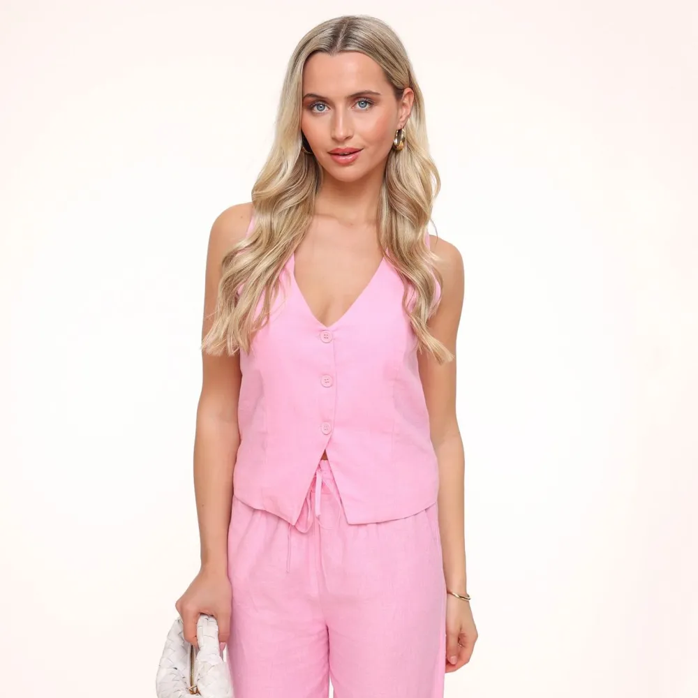 Olivia & Kate Gilets-Lichtroze Lage V-Hals Linnen-Gilet