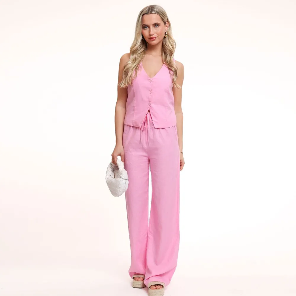 Olivia & Kate Gilets-Lichtroze Lage V-Hals Linnen-Gilet