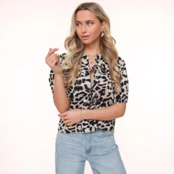 Olivia & Kate Tops-Panterprint Strikjes Korte Pofmouwen-Top