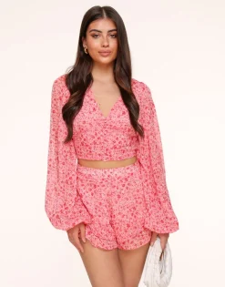 Olivia & Kate Tops-Roze Bloemen V-Hals-Top