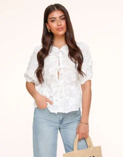 Olivia & Kate Tops-Witte Bloemen Korte Pofmouwen Strikjes-Blouse