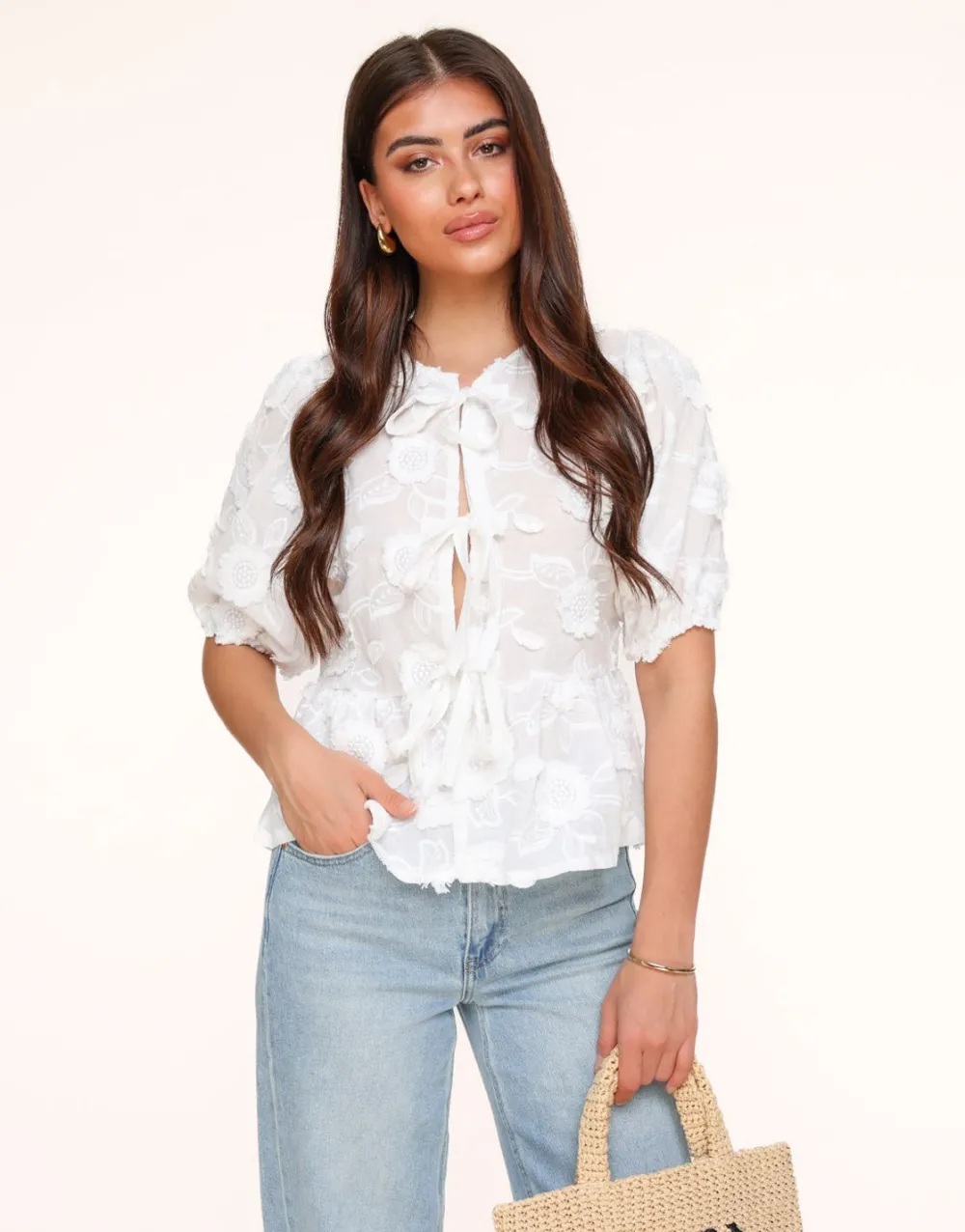 Olivia & Kate Tops-Witte Bloemen Korte Pofmouwen Strikjes-Blouse