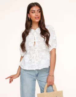 Olivia & Kate Tops-Witte Bloemen Korte Pofmouwen Strikjes-Blouse