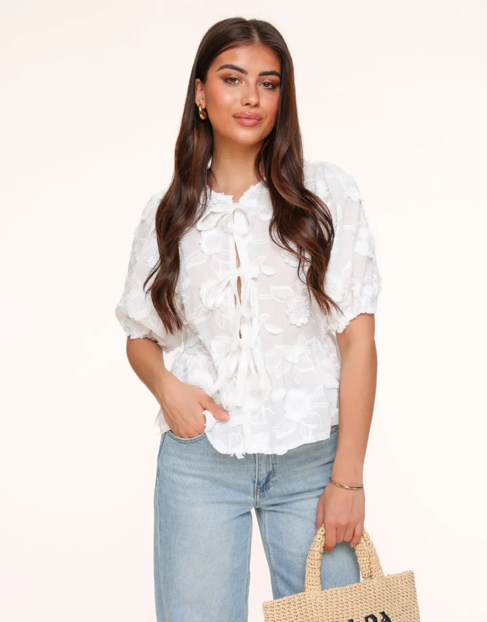 Olivia & Kate Tops-Witte Bloemen Korte Pofmouwen Strikjes-Blouse