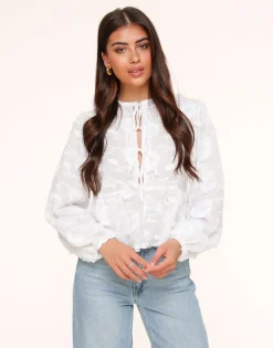 Olivia & Kate Tops-Witte Bloemen Lange Mouwen Strikjes-Blouse