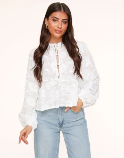 Olivia & Kate Tops-Witte Bloemen Lange Mouwen Strikjes-Blouse