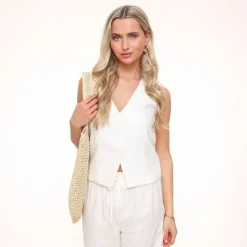 Olivia & Kate Gilets-Witte Lage V-Hals Linnen-Gilet
