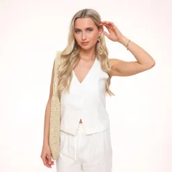 Olivia & Kate Gilets-Witte Lage V-Hals Linnen-Gilet
