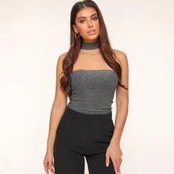 Olivia & Kate Tops-Zilveren Glitter Choker-Top