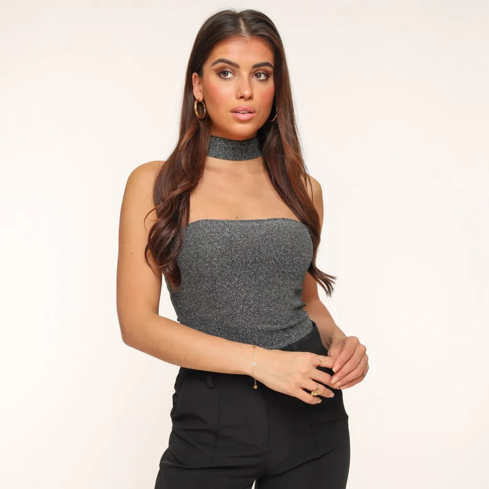 Olivia & Kate Tops-Zilveren Glitter Choker-Top