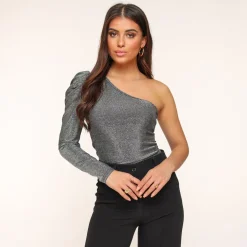 Olivia & Kate Tops-Zilveren Glitter One Sleeve-Top