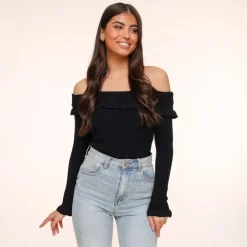 Olivia & Kate Tops-Zwarte Elastische Ruffel Off Shoulder-Top