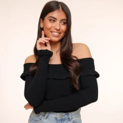 Olivia & Kate Tops-Zwarte Elastische Ruffel Off Shoulder-Top