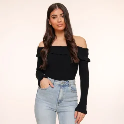 Olivia & Kate Tops-Zwarte Elastische Ruffel Off Shoulder-Top