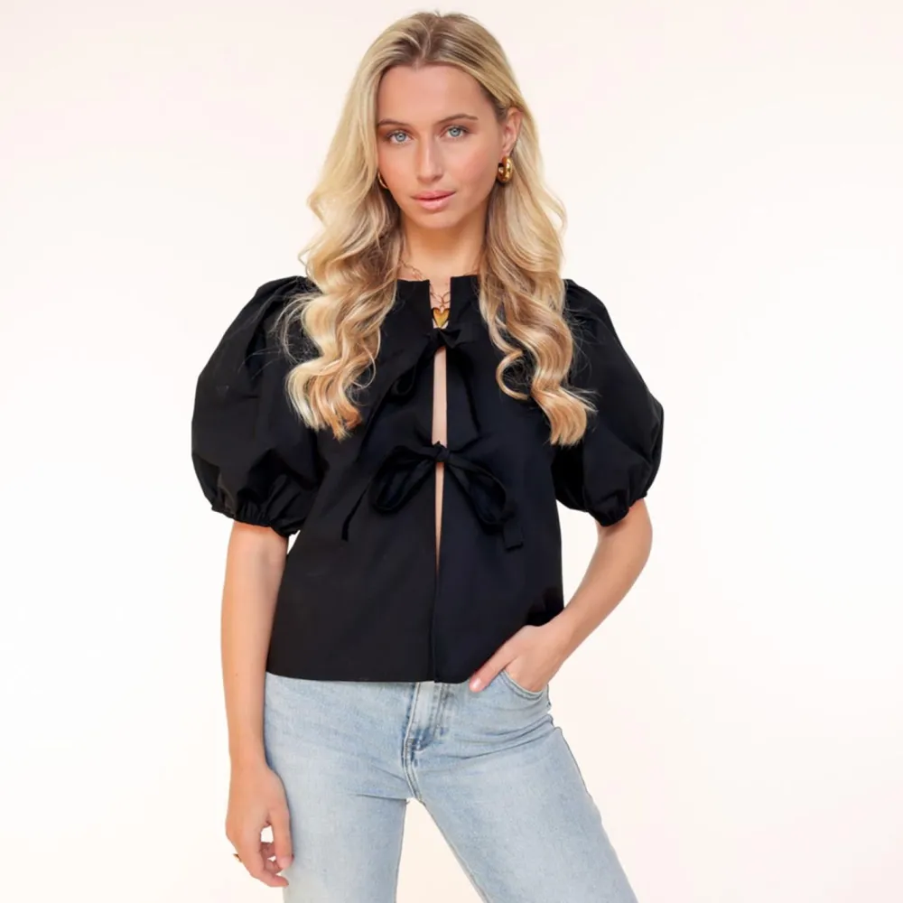 Olivia & Kate Tops-Zwarte Strikjes Korte Pofmouwen-Top